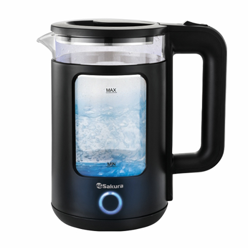 Чайник электрический SAKURA SA-2737BK 1,5л, 1800Вт, стекло, пластик снаружи, черный