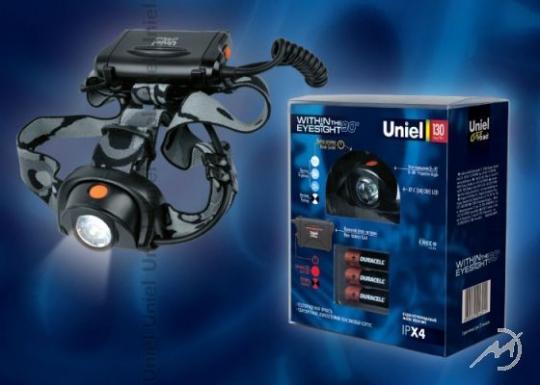 Фонарь лобный Uniel Р-HL082-CB 1LED (130Лм), влагозащ.