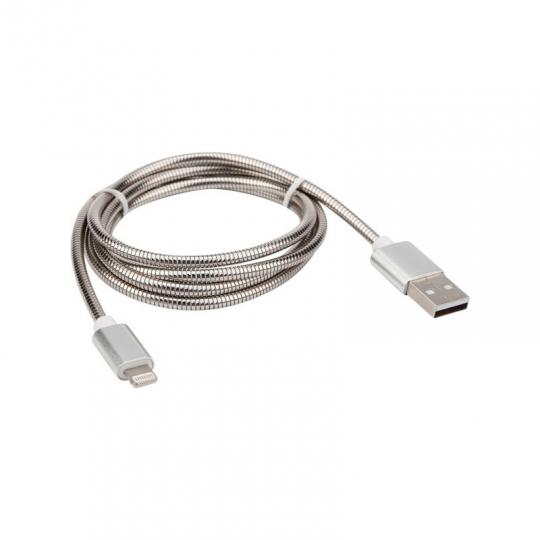 USB кабель для iPhone 5/6/7 моделей,шнур в металлтческой оплетке, серебристый REXANT 18-4247