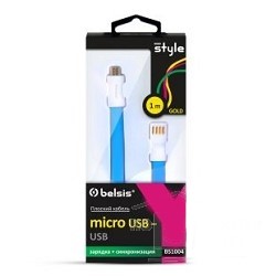 Кабель Micro USB-USB A,плоский , голубой 1м Belsis