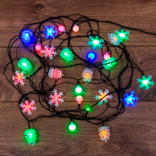 Гирлянда светодиодная с насадками (шарики,снежинки,елочки) 30LED мультиколор 4,4 м с контрол.